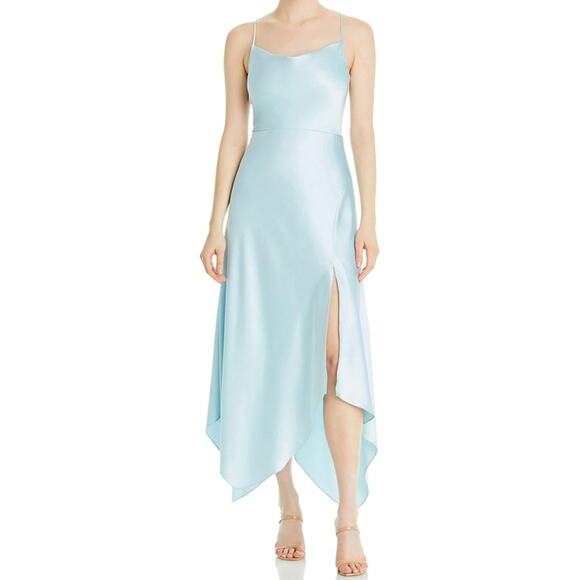 Xscape Dress 8 Blue Midi‎ Satin Handkerchief Flowy Party Cocktail Wedding READ - Picture 1 of 12